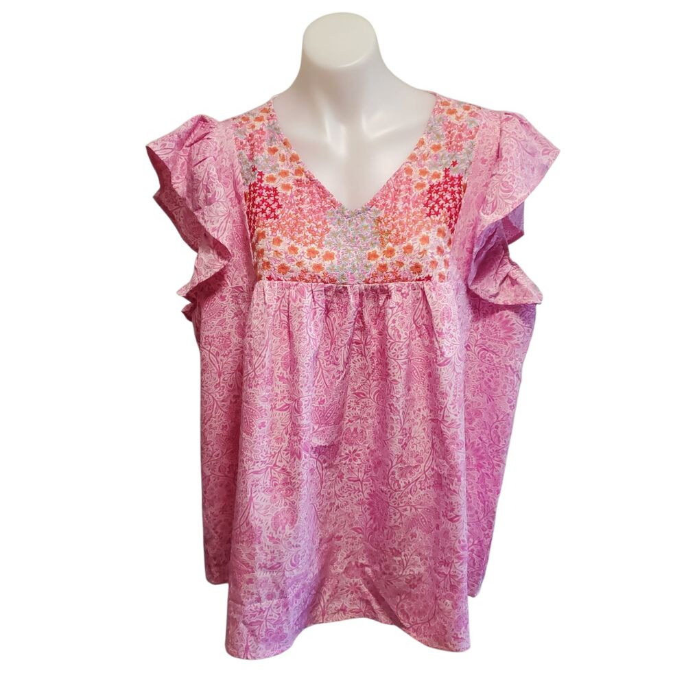 Savanna Jane Floral Boho Pink Baroque Paisley Blouse Embroidered Ruffle 1X Plus
